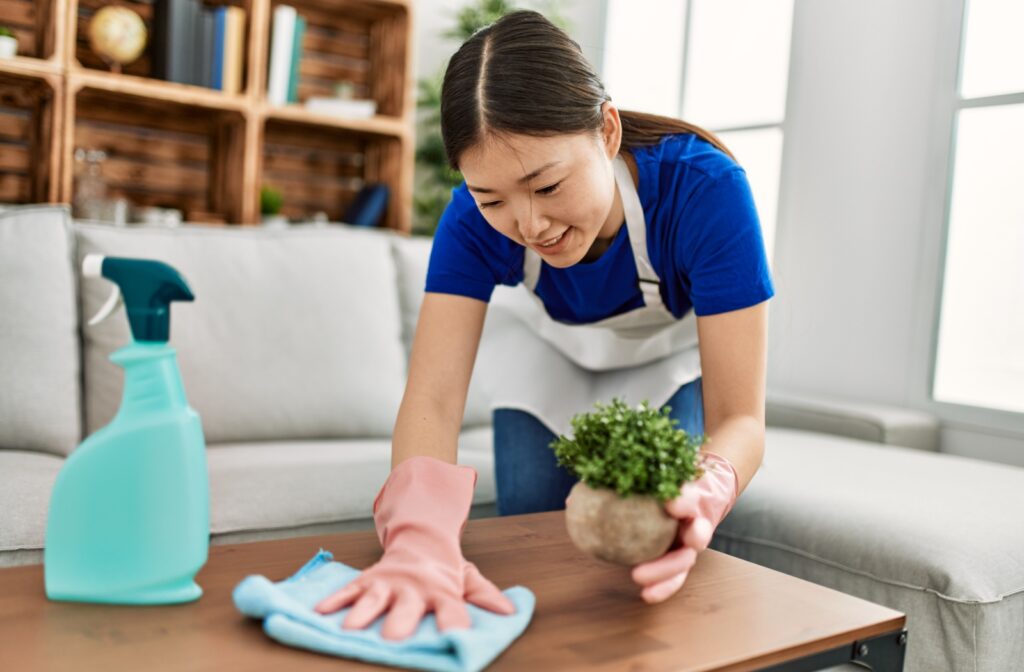 A housekeeper wearing rubber gloves cleans a living room table in an independent living apartment.