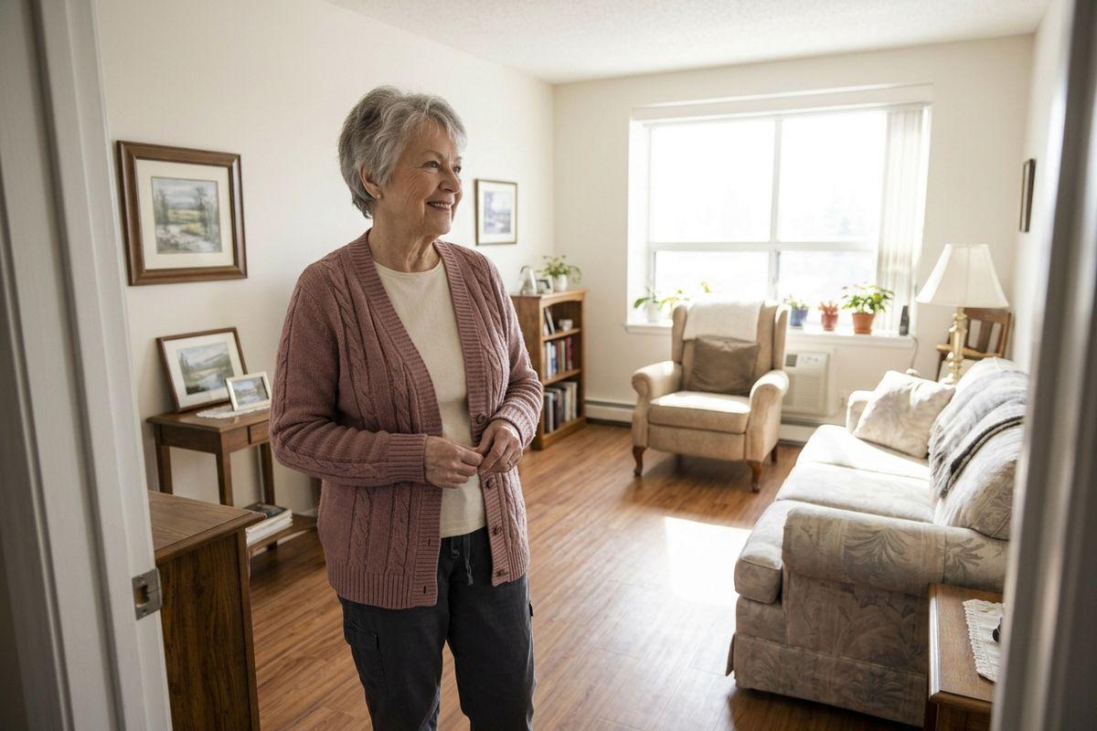 Older adult in a pink cardigan standing and smiling in a sunlit living room with a sofa, armchair, and framed pictures.