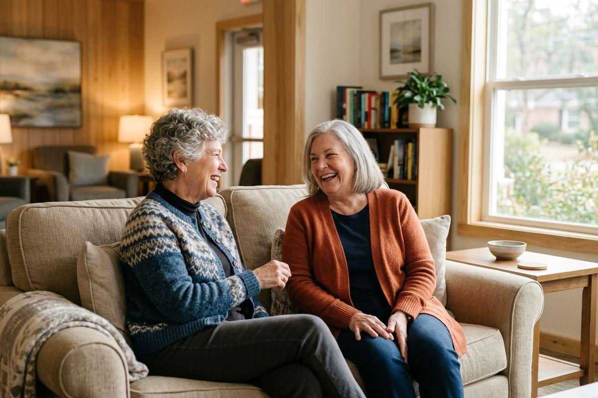 Two older adults sit laughing together on a beige sofa in a bright living room with a window and bookshelf.