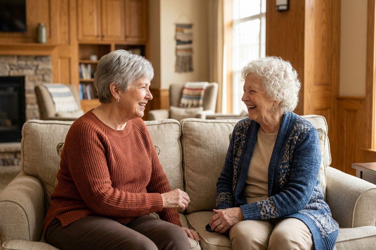 Two seniors sit on a couch talking and smiling at each other in a cozy living room.